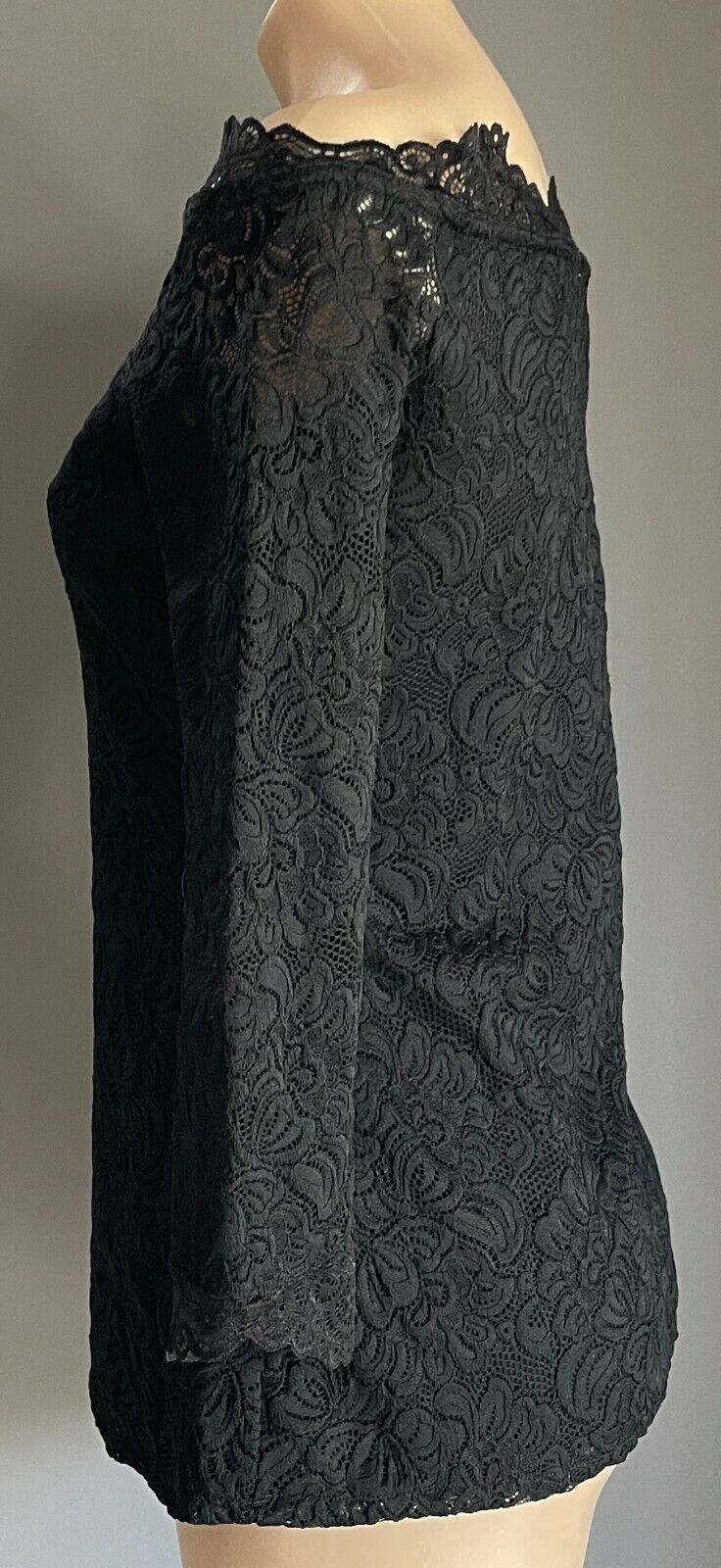 WITCHERY Top Off Shoulder Black Stretch Lace 3/4 Sleeve Ladies Size S 10