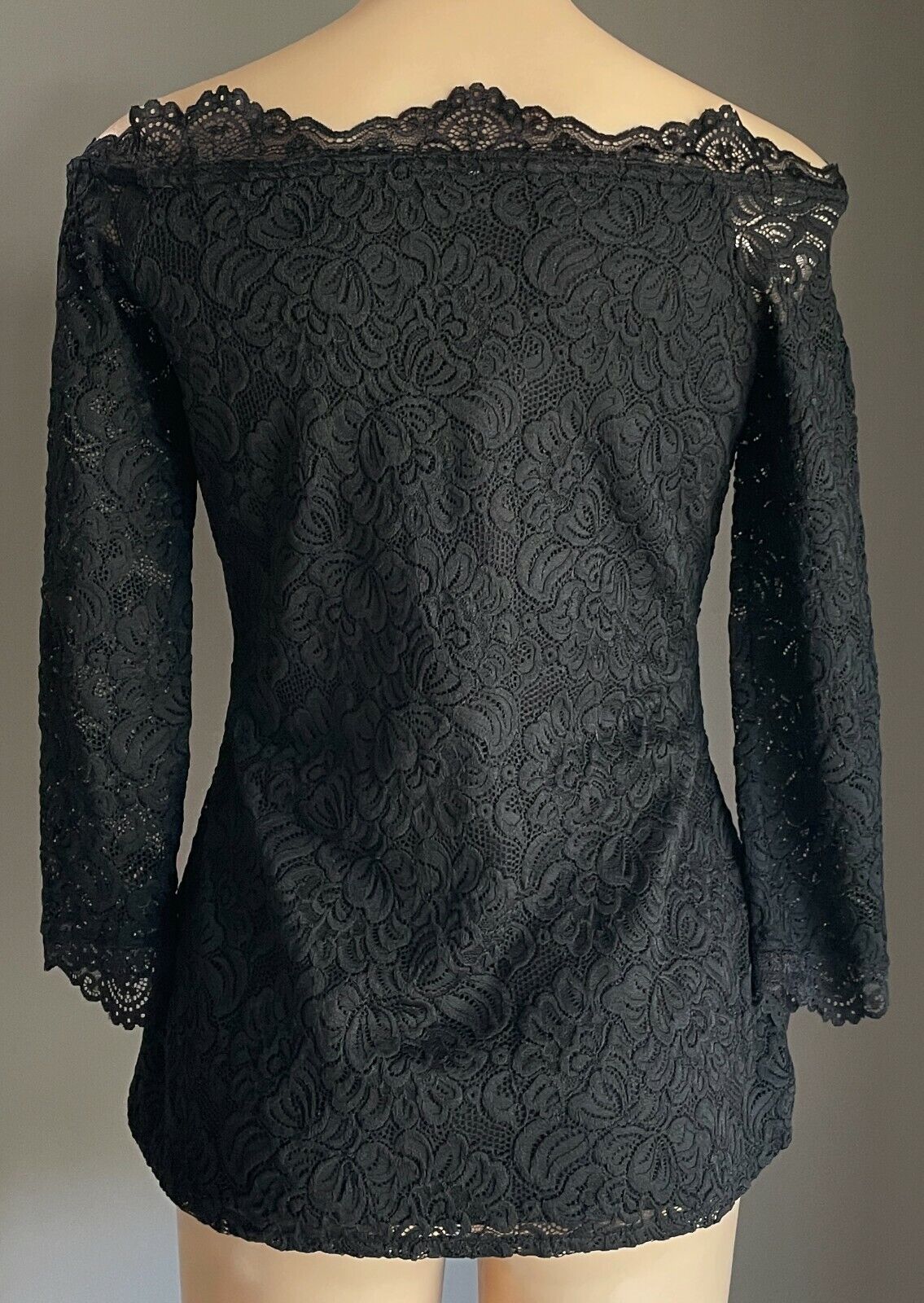WITCHERY Top Off Shoulder Black Stretch Lace 3/4 Sleeve Ladies Size S 10