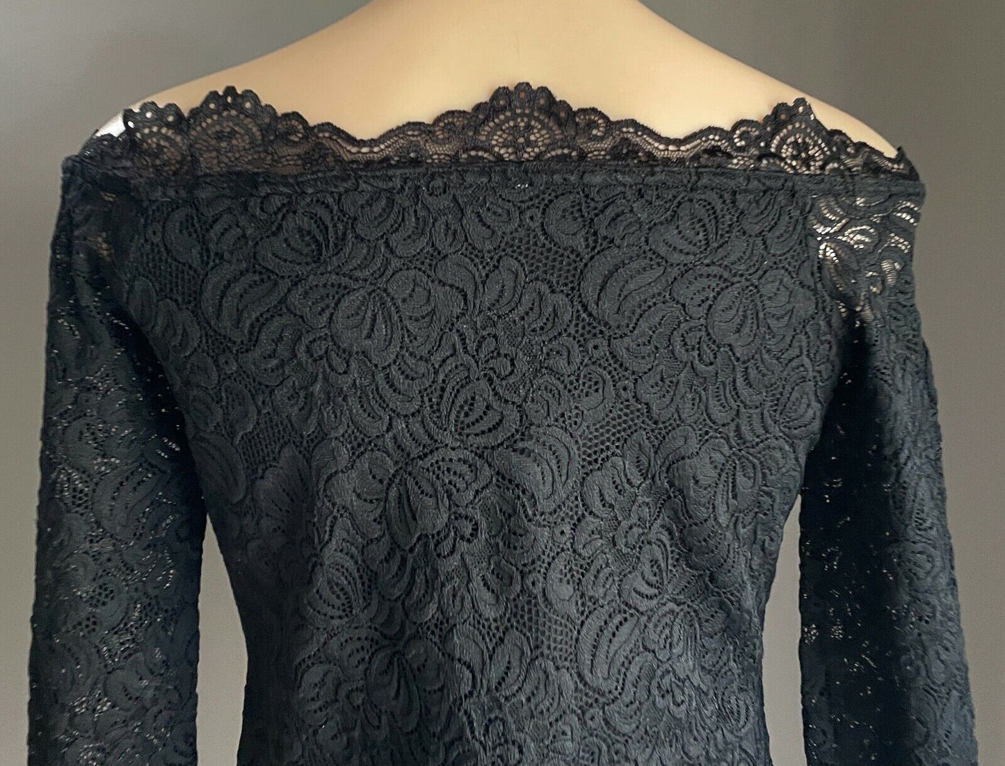 WITCHERY Top Off Shoulder Black Stretch Lace 3/4 Sleeve Ladies Size S 10