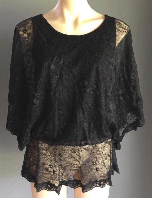 LIZ JORDAN Top Peasant Black Lace Dolman Sleeve Blouse Size S 10 Sexy
