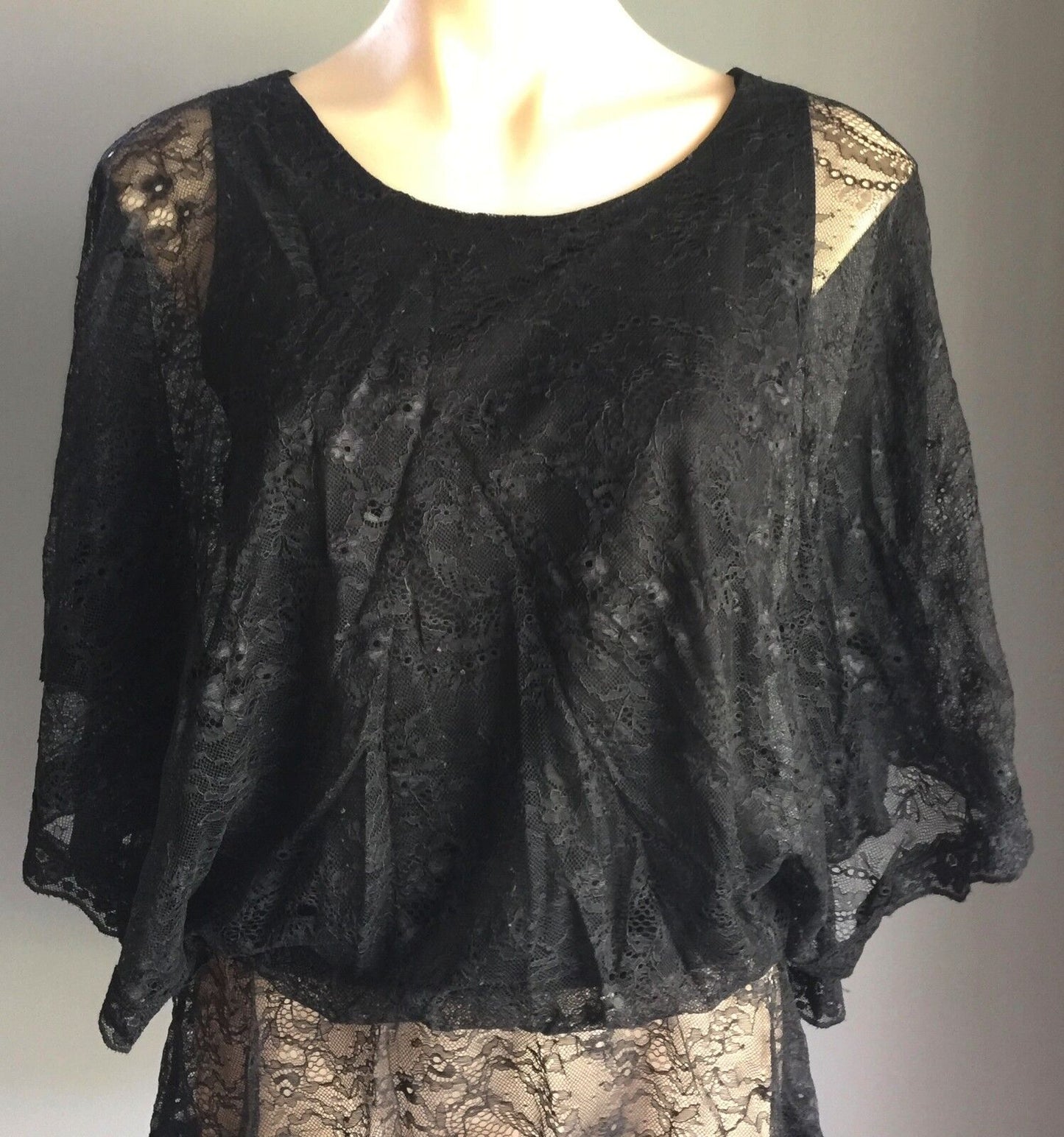 LIZ JORDAN Top Peasant Black Lace Dolman Sleeve Blouse Size S 10 Sexy