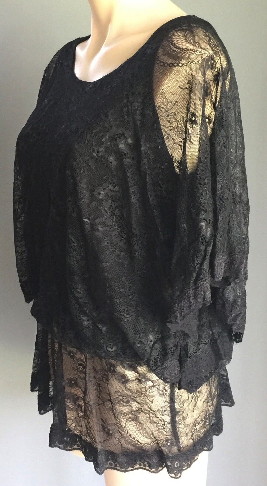 LIZ JORDAN Top Peasant Black Lace Dolman Sleeve Blouse Size S 10 Sexy
