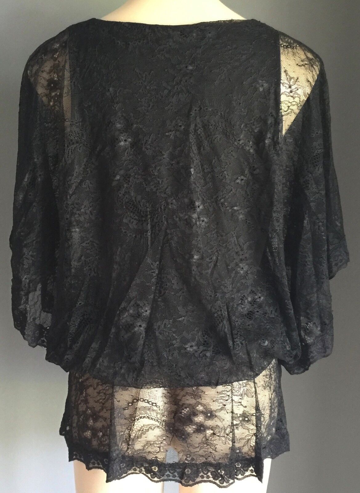 LIZ JORDAN Top Peasant Black Lace Dolman Sleeve Blouse Size S 10 Sexy