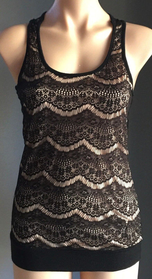 MASQUERADE Top Blush & Black Lace Sheer Racer Back Stretch Blouse Size 10 NEW