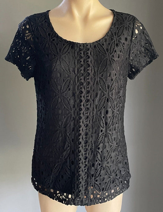 LIZ JORDAN Top Black Lace Short Sleeve Dressy Size 10 NEW