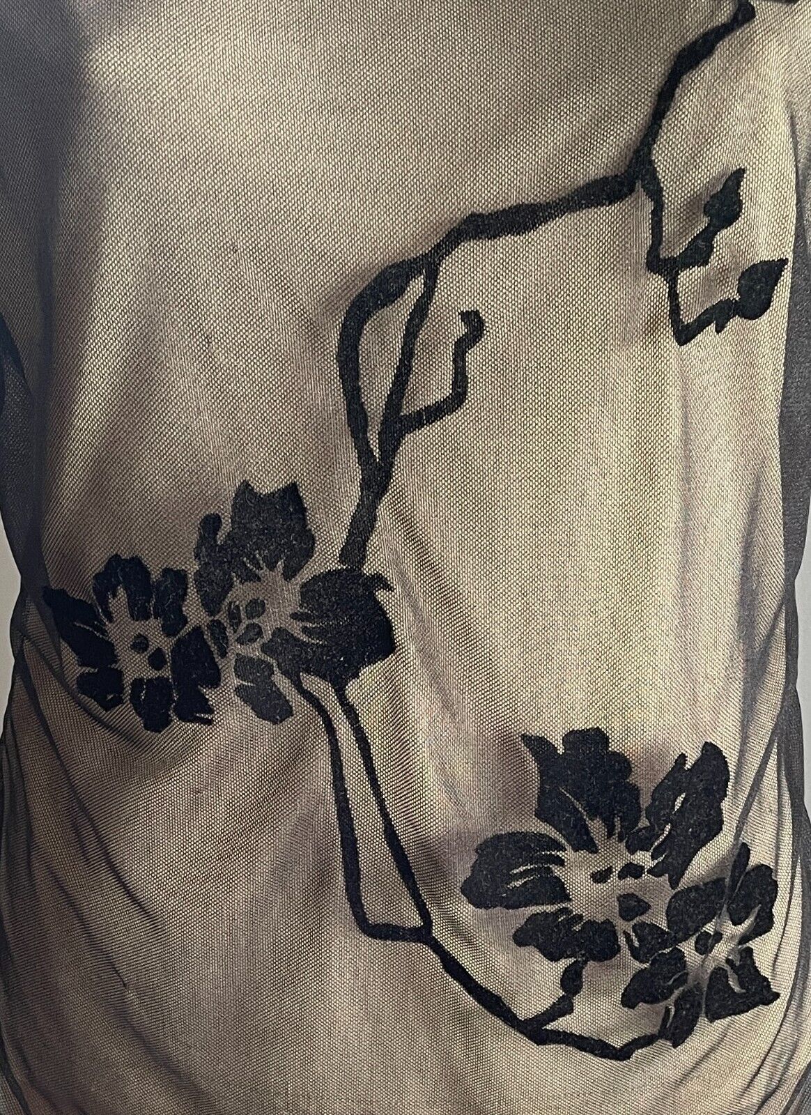 CLUB PETITES Top Sheer Black Mesh Floral Motif Blush Lining Size S 10 Sleeveless
