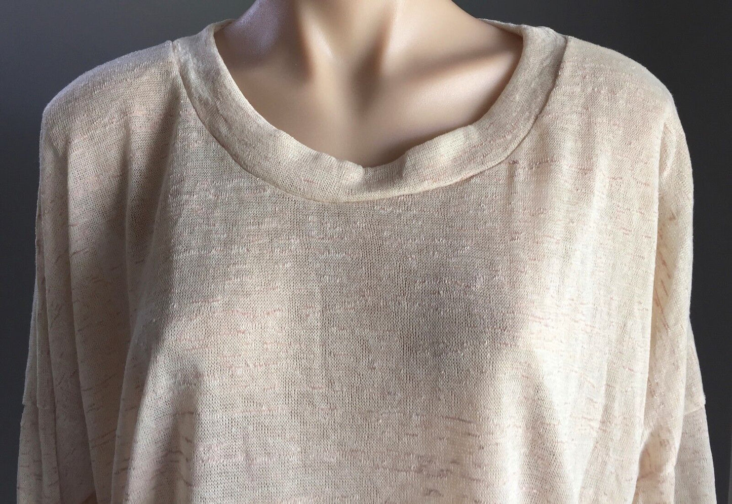 MEI NA Hi Lo Long Sleeve Top Fine Slub Knit Oatmeal Semi Sheer  Blouse S 10  NEW