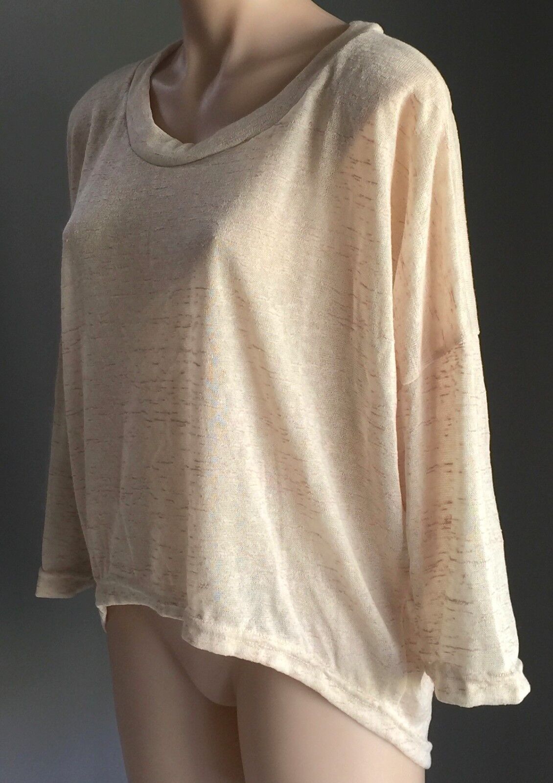 MEI NA Hi Lo Long Sleeve Top Fine Slub Knit Oatmeal Semi Sheer  Blouse S 10  NEW