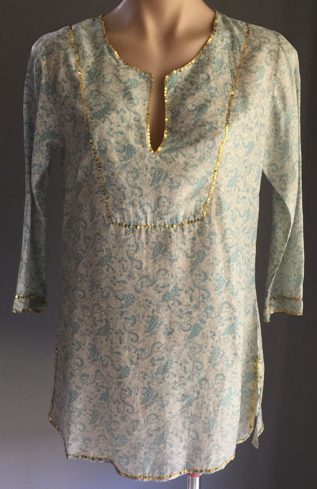 PEACE ANGEL Blue Shades Gold Trim Paisley Print Light Kaftan Top Size S 10 NEW