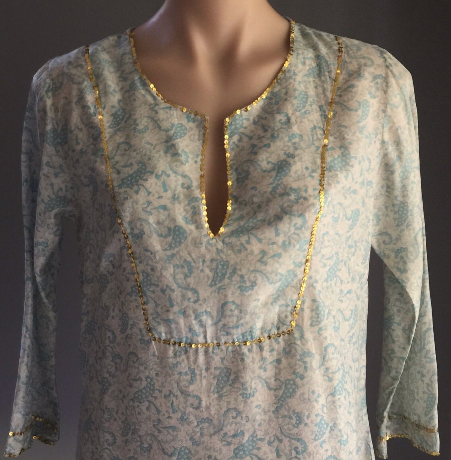 PEACE ANGEL Blue Shades Gold Trim Paisley Print Light Kaftan Top Size S 10 NEW