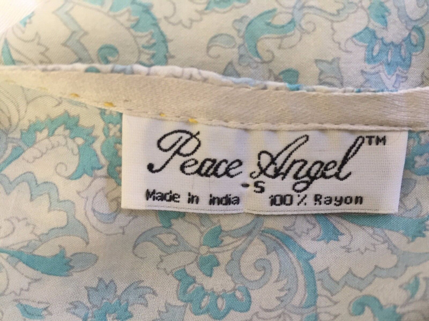PEACE ANGEL Blue Shades Gold Trim Paisley Print Light Kaftan Top Size S 10 NEW