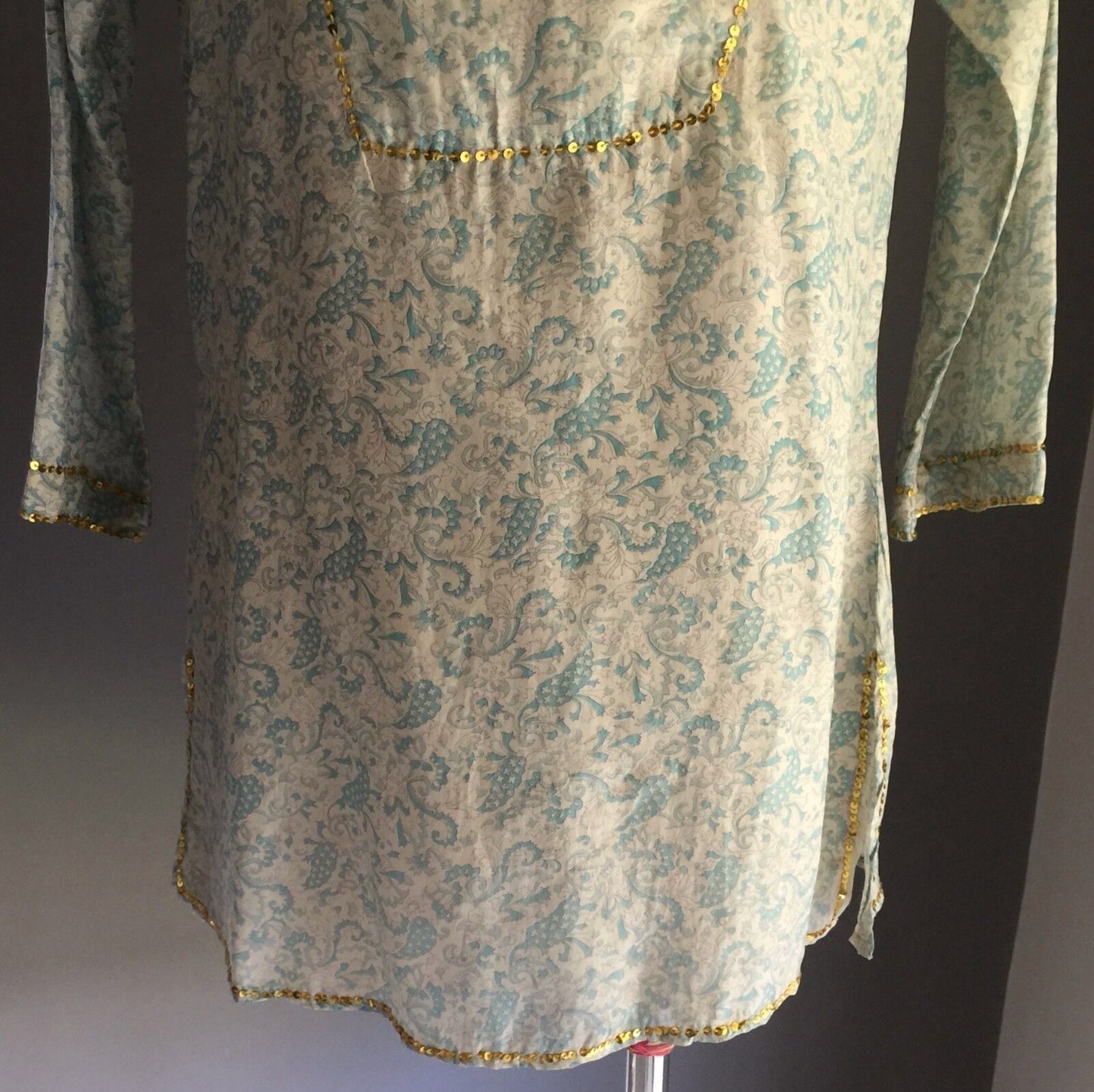 PEACE ANGEL Blue Shades Gold Trim Paisley Print Light Kaftan Top Size S 10 NEW