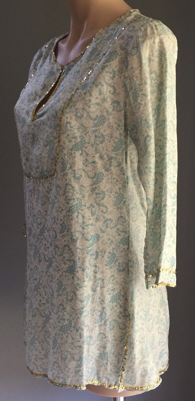 PEACE ANGEL Blue Shades Gold Trim Paisley Print Light Kaftan Top Size S 10 NEW