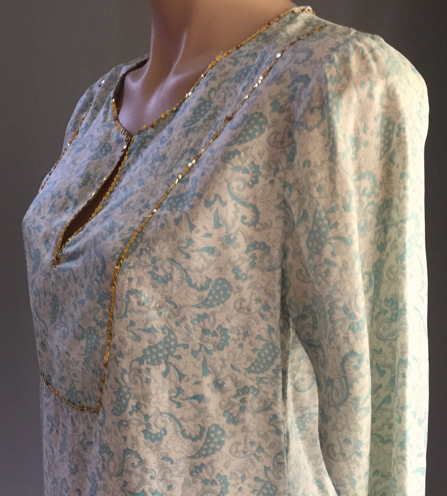 PEACE ANGEL Blue Shades Gold Trim Paisley Print Light Kaftan Top Size S 10 NEW