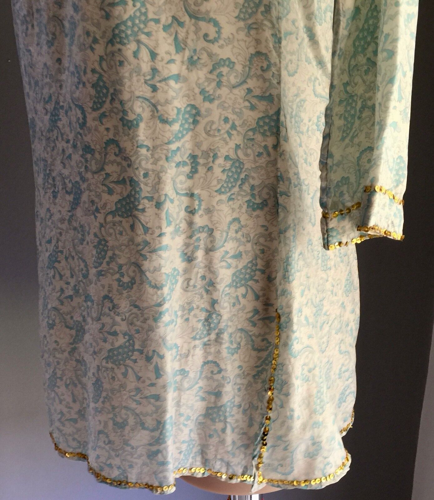 PEACE ANGEL Blue Shades Gold Trim Paisley Print Light Kaftan Top Size S 10 NEW