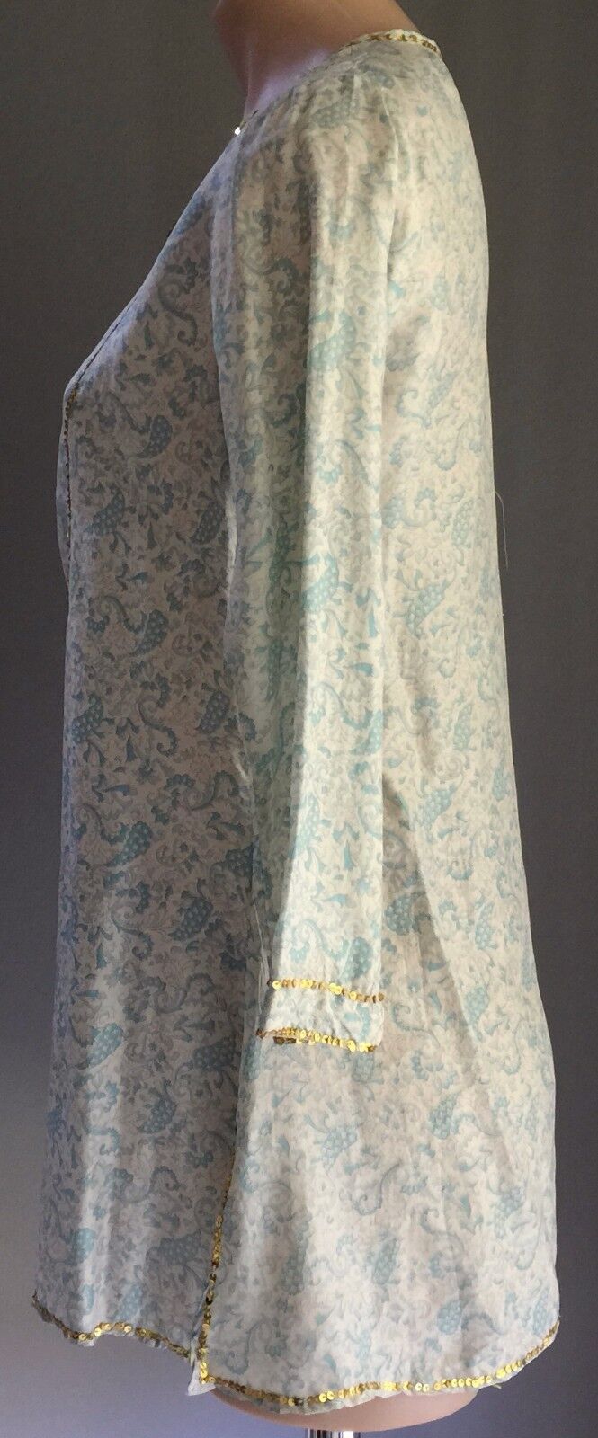 PEACE ANGEL Blue Shades Gold Trim Paisley Print Light Kaftan Top Size S 10 NEW