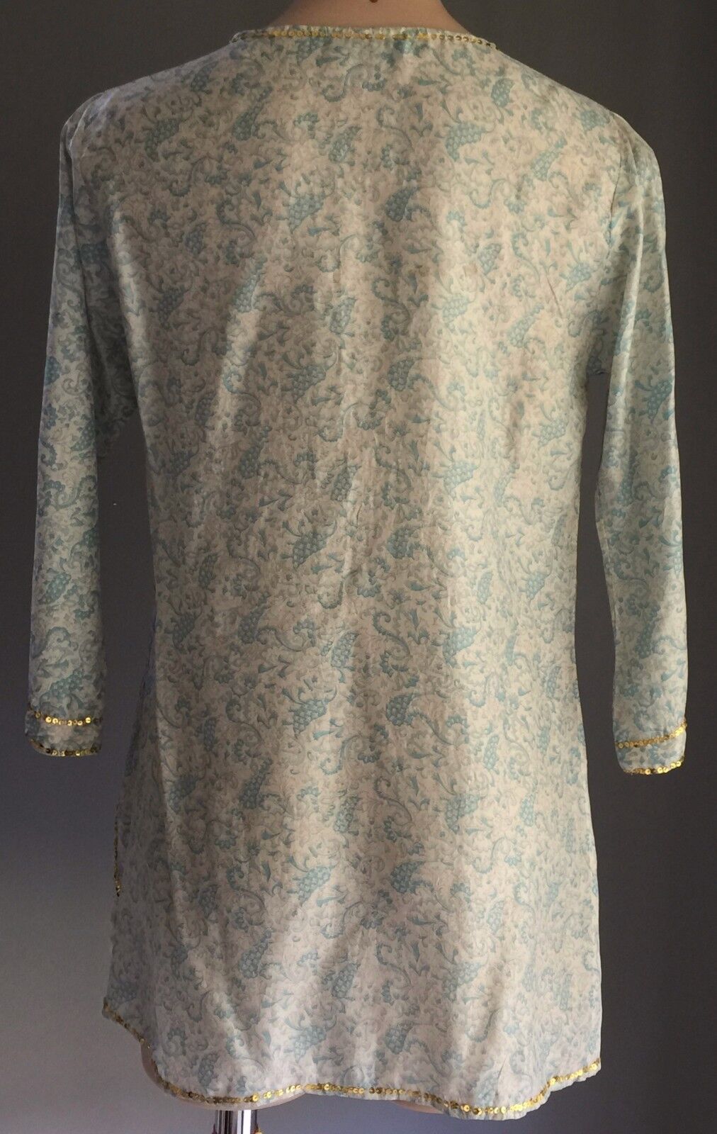 PEACE ANGEL Blue Shades Gold Trim Paisley Print Light Kaftan Top Size S 10 NEW