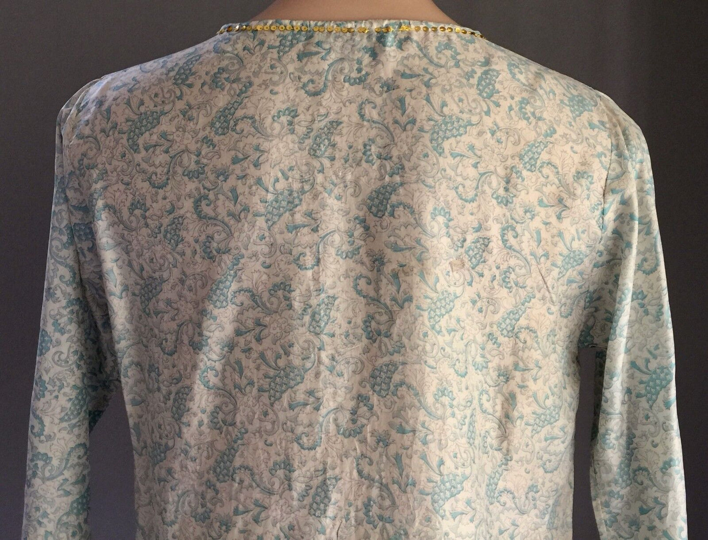 PEACE ANGEL Blue Shades Gold Trim Paisley Print Light Kaftan Top Size S 10 NEW
