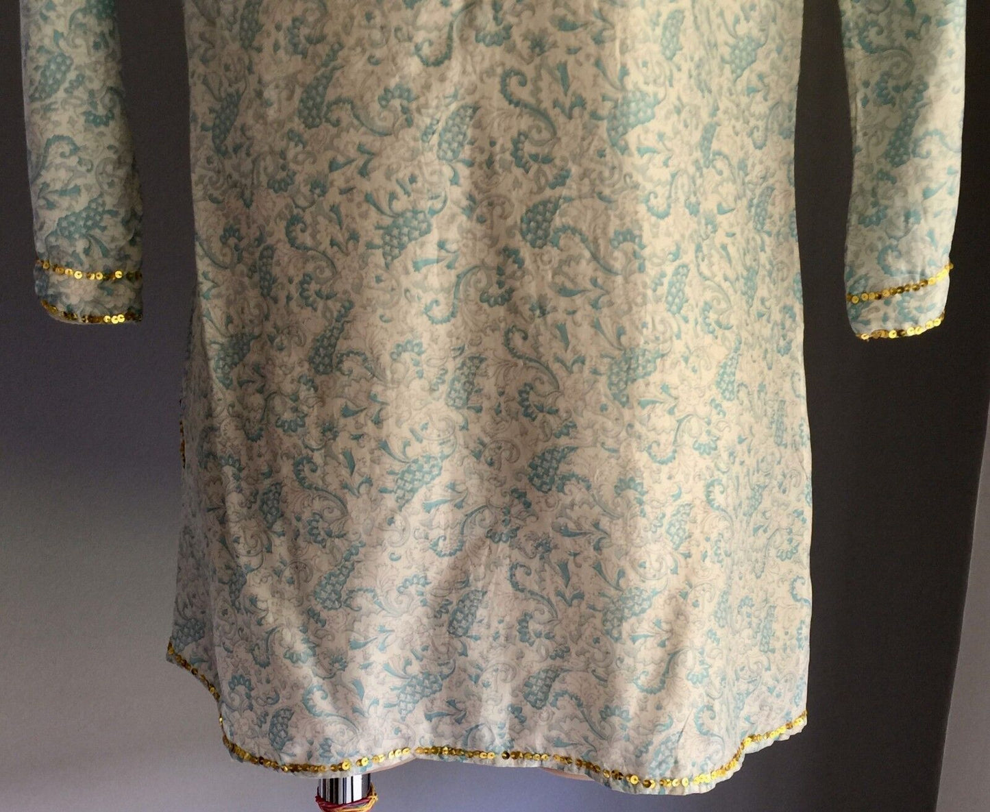 PEACE ANGEL Blue Shades Gold Trim Paisley Print Light Kaftan Top Size S 10 NEW