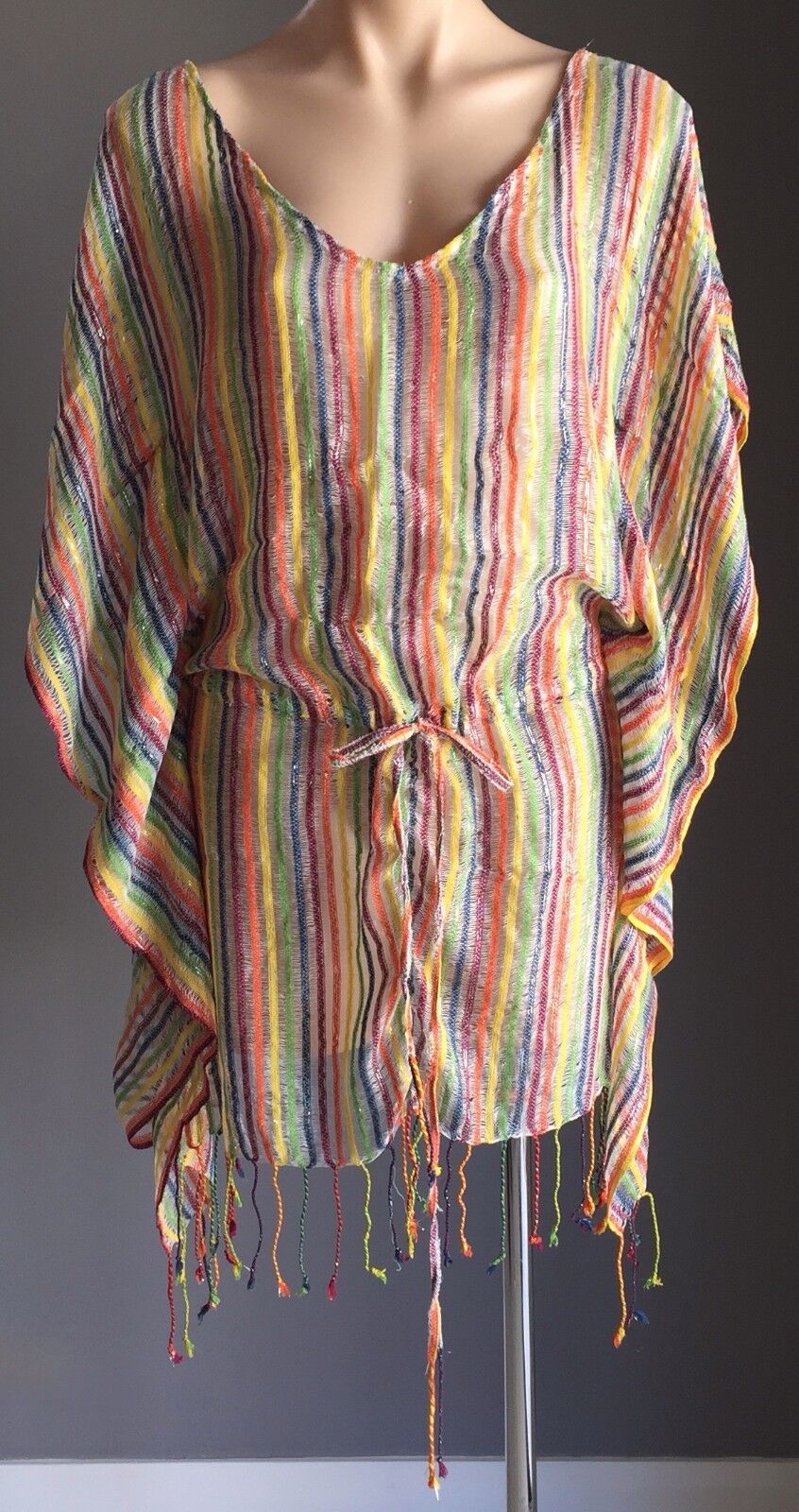 TIGERLILY Drawstring Waist Top Multi Stripe Silver Cotton Knit Sz S 10 Boho NEW