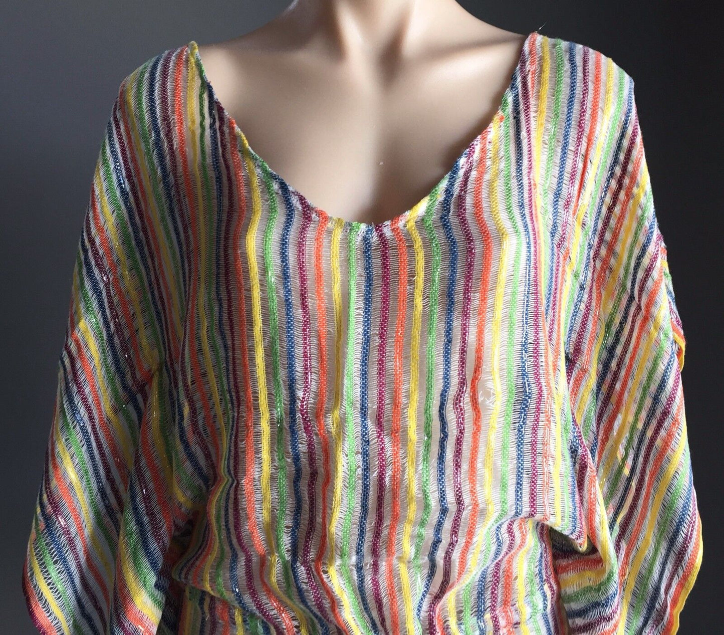 TIGERLILY Drawstring Waist Top Multi Stripe Silver Cotton Knit Sz S 10 Boho NEW