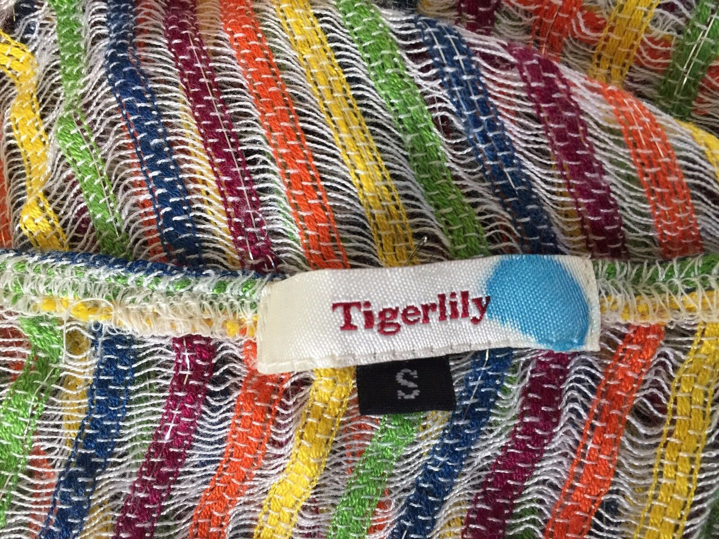 TIGERLILY Drawstring Waist Top Multi Stripe Silver Cotton Knit Sz S 10 Boho NEW