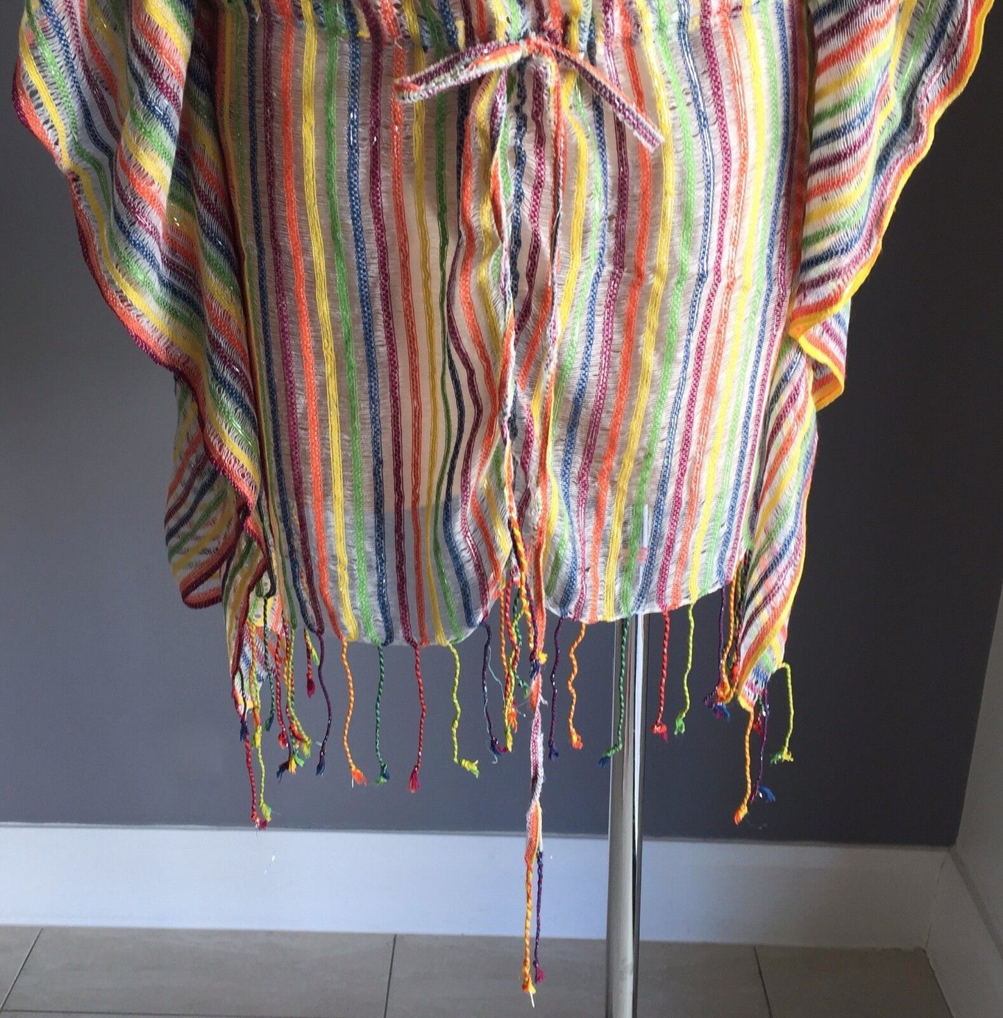 TIGERLILY Drawstring Waist Top Multi Stripe Silver Cotton Knit Sz S 10 Boho NEW
