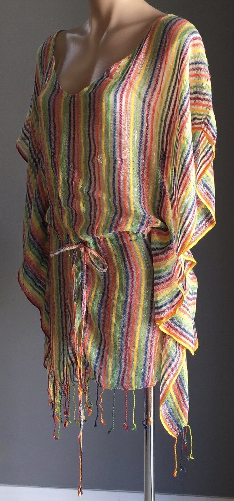 TIGERLILY Drawstring Waist Top Multi Stripe Silver Cotton Knit Sz S 10 Boho NEW