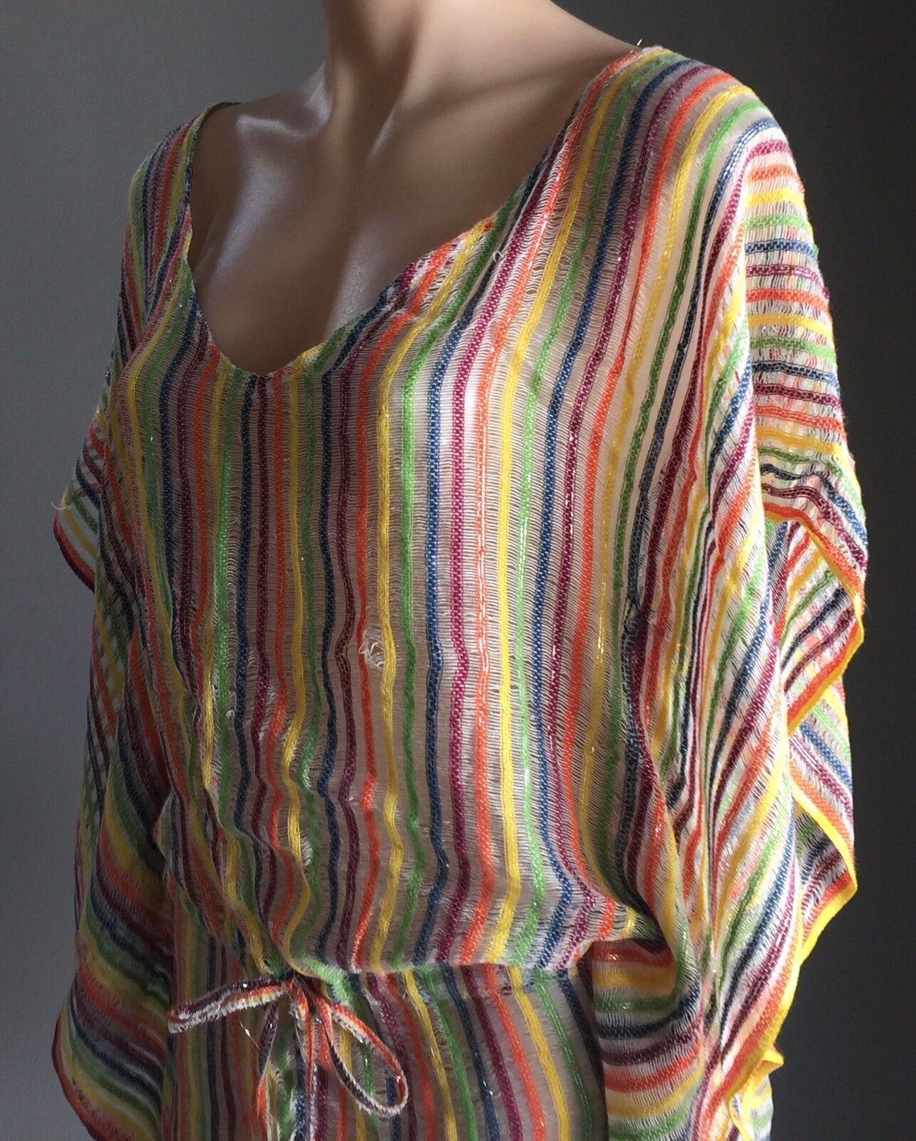 TIGERLILY Drawstring Waist Top Multi Stripe Silver Cotton Knit Sz S 10 Boho NEW