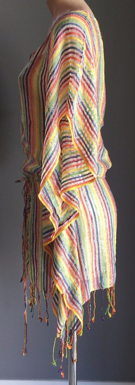 TIGERLILY Drawstring Waist Top Multi Stripe Silver Cotton Knit Sz S 10 Boho NEW