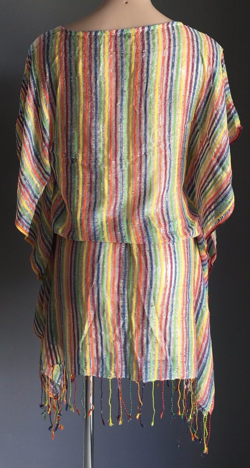 TIGERLILY Drawstring Waist Top Multi Stripe Silver Cotton Knit Sz S 10 Boho NEW