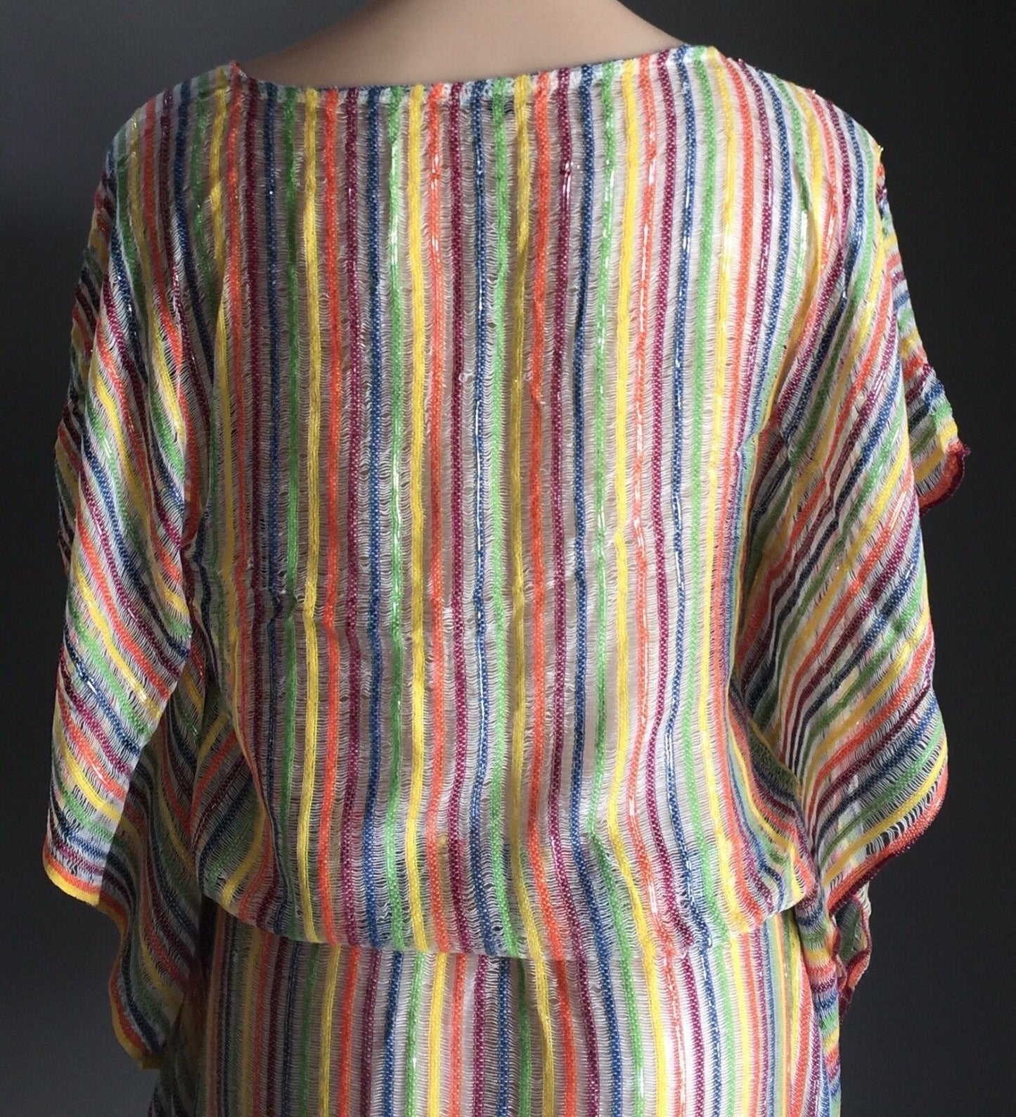 TIGERLILY Drawstring Waist Top Multi Stripe Silver Cotton Knit Sz S 10 Boho NEW