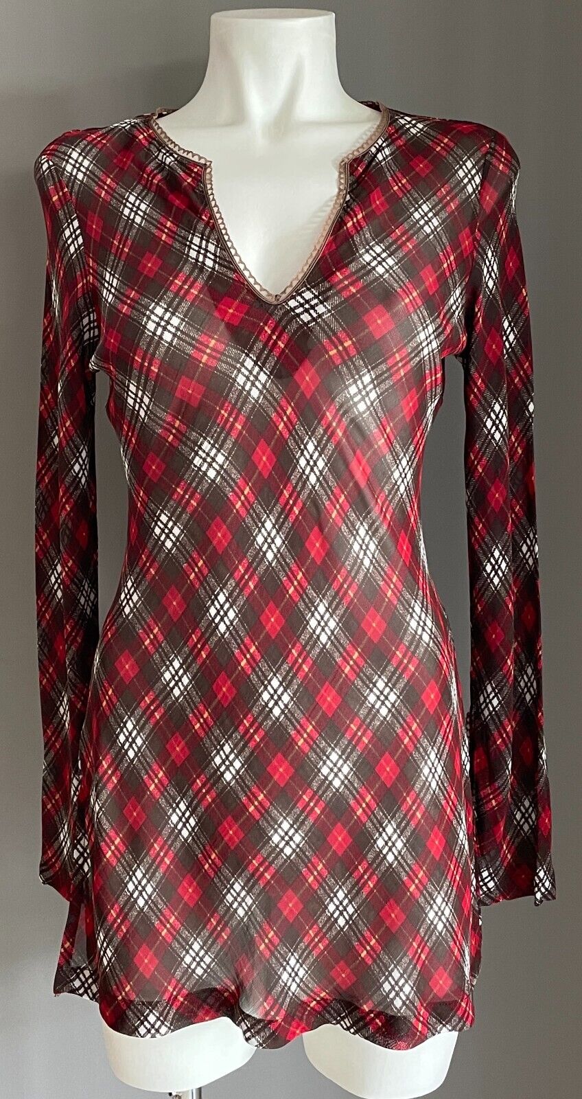 ANGEL D Tunic Top Red Brown White Yellow Check Print Long Sleeve Sheer Size S 8