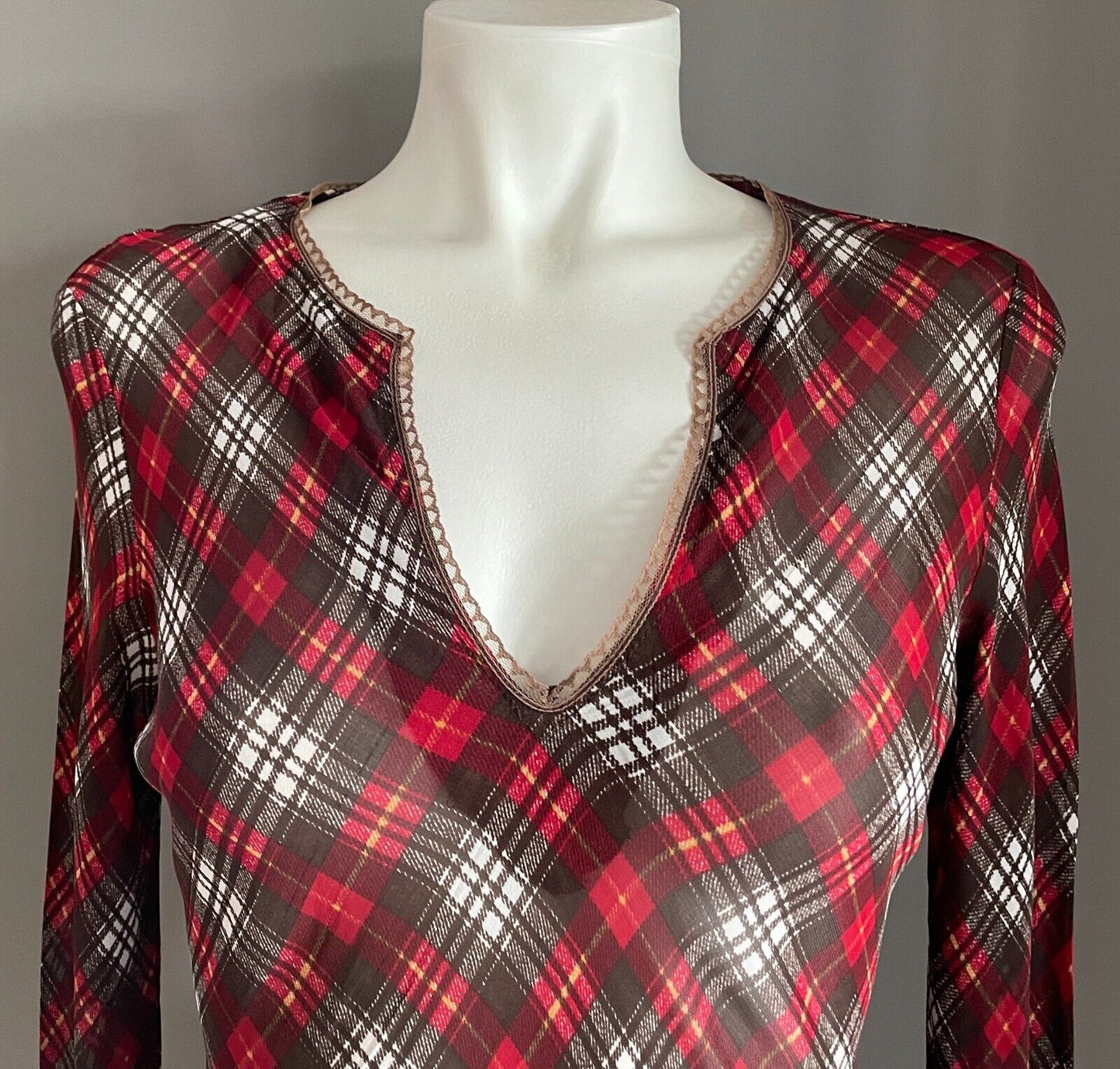 ANGEL D Tunic Top Red Brown White Yellow Check Print Long Sleeve Sheer Size S 8
