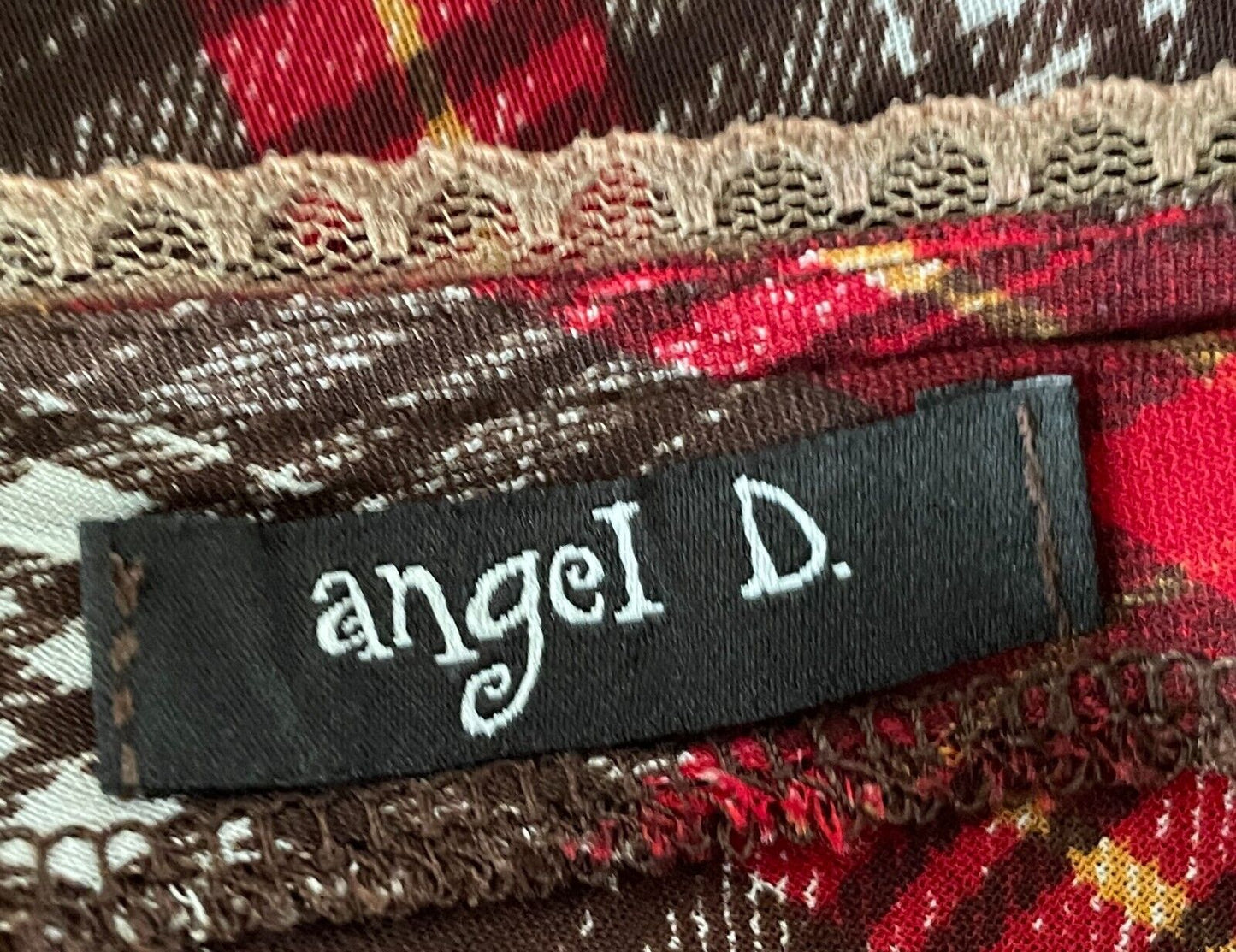 ANGEL D Tunic Top Red Brown White Yellow Check Print Long Sleeve Sheer Size S 8