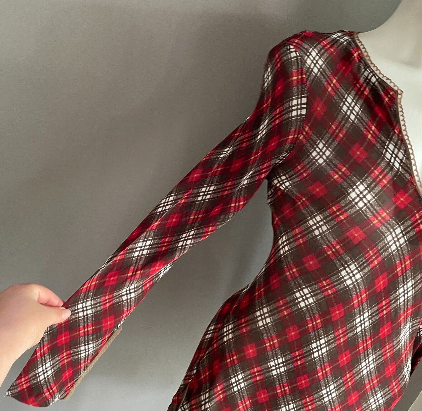 ANGEL D Tunic Top Red Brown White Yellow Check Print Long Sleeve Sheer Size S 8
