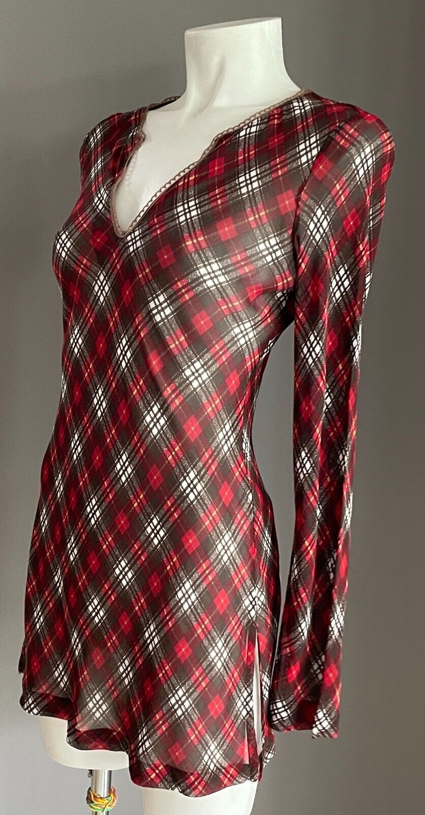 ANGEL D Tunic Top Red Brown White Yellow Check Print Long Sleeve Sheer Size S 8