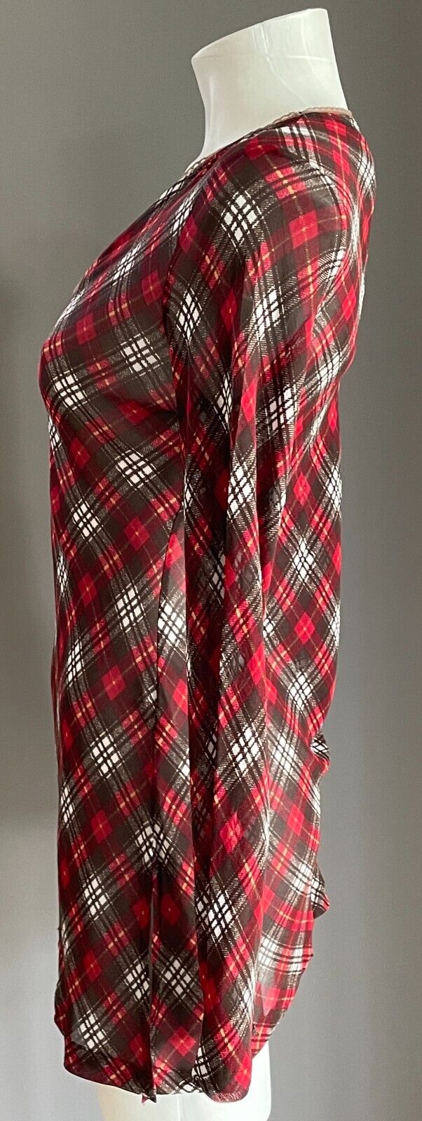 ANGEL D Tunic Top Red Brown White Yellow Check Print Long Sleeve Sheer Size S 8