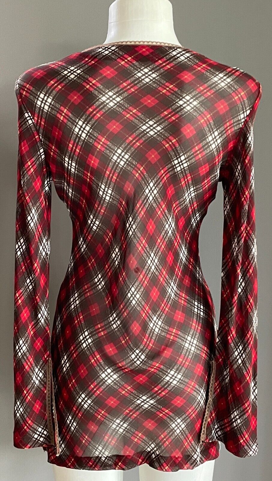 ANGEL D Tunic Top Red Brown White Yellow Check Print Long Sleeve Sheer Size S 8