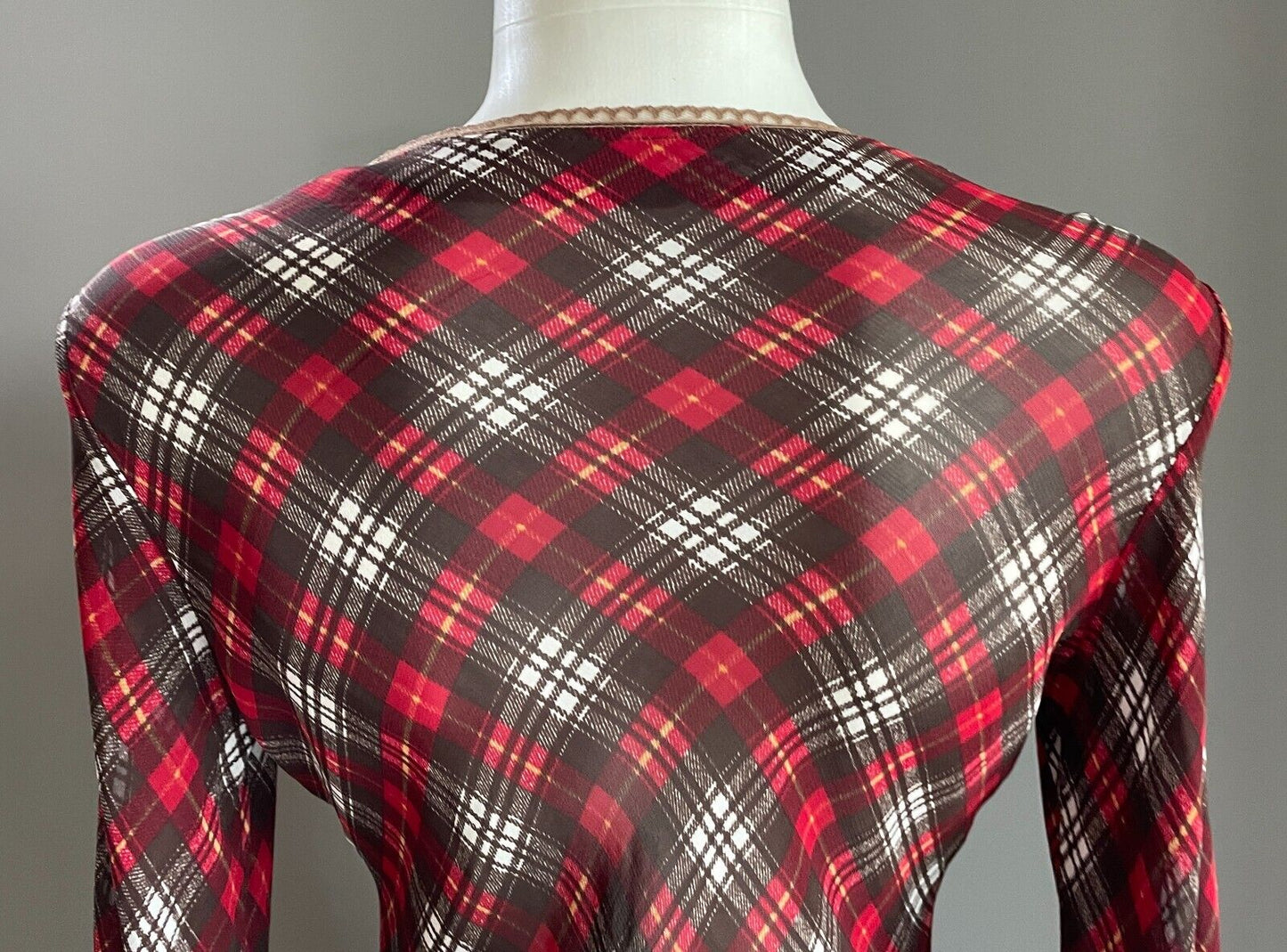 ANGEL D Tunic Top Red Brown White Yellow Check Print Long Sleeve Sheer Size S 8
