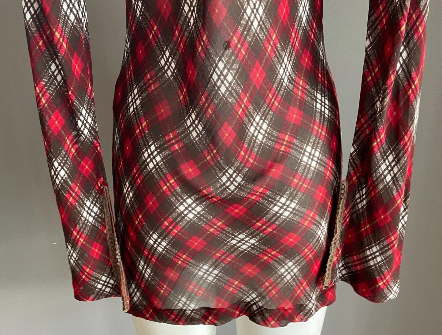 ANGEL D Tunic Top Red Brown White Yellow Check Print Long Sleeve Sheer Size S 8