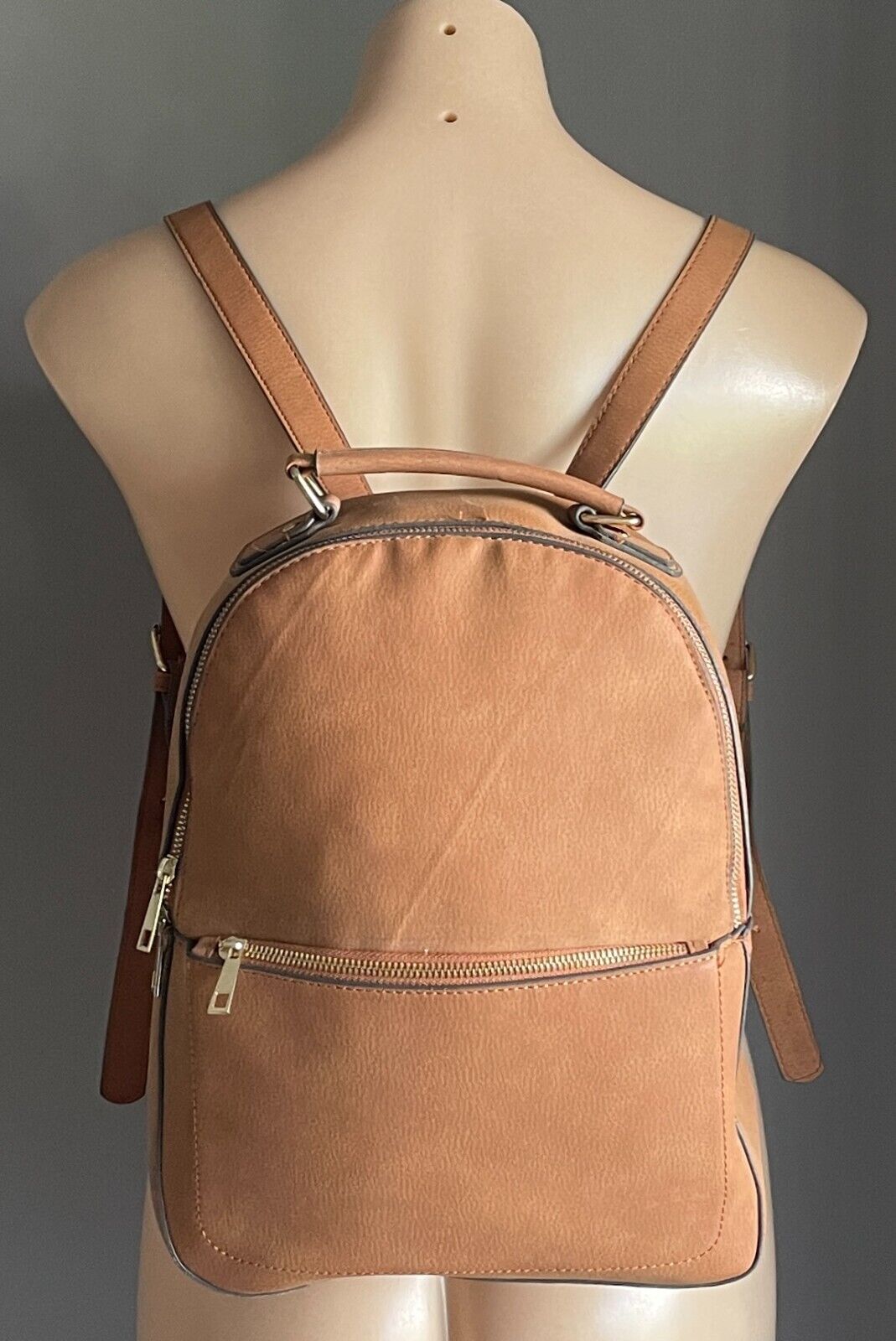 BACKPACK Tan Polyurethane Matte Pebble Look Adjustable Straps Top Handle