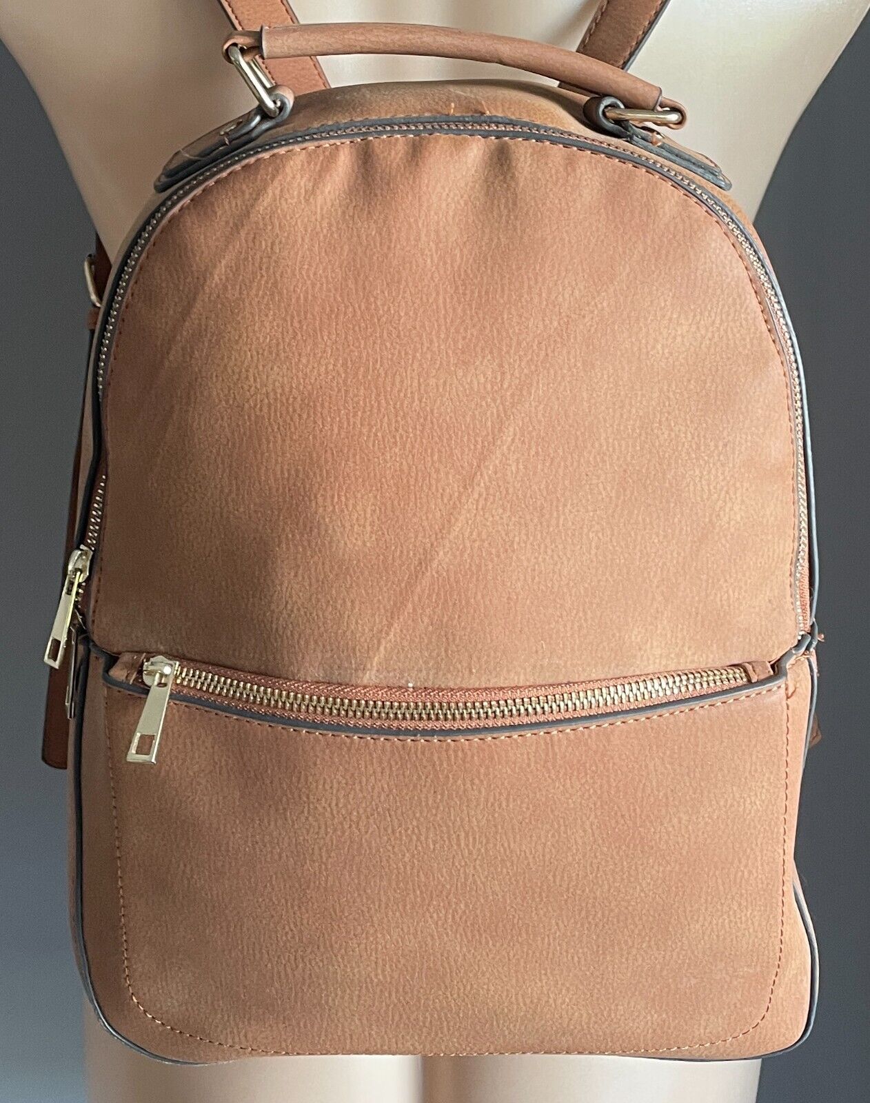 BACKPACK Tan Polyurethane Matte Pebble Look Adjustable Straps Top Handle