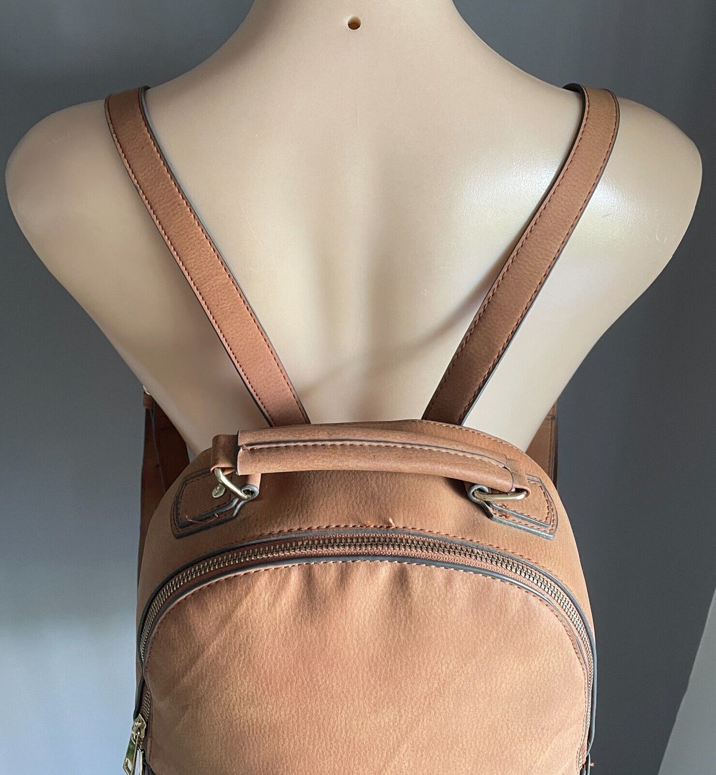 BACKPACK Tan Polyurethane Matte Pebble Look Adjustable Straps Top Handle