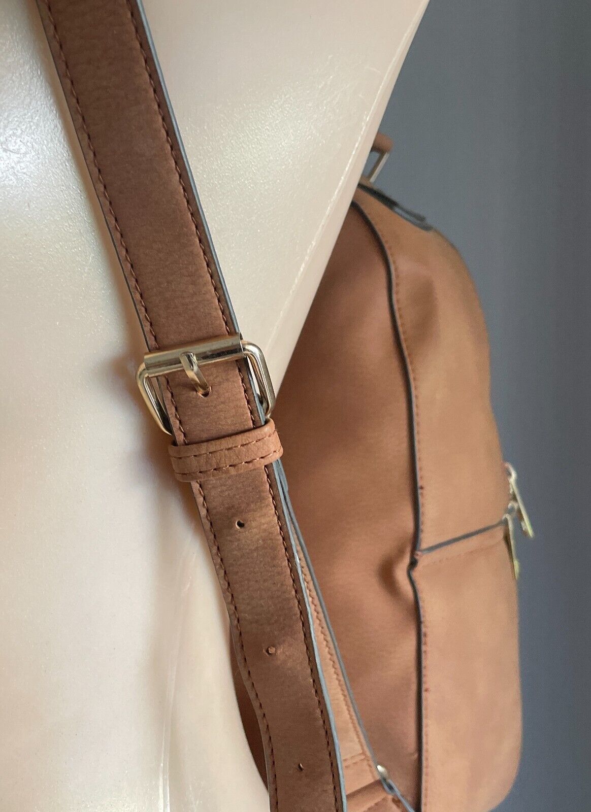 BACKPACK Tan Polyurethane Matte Pebble Look Adjustable Straps Top Handle