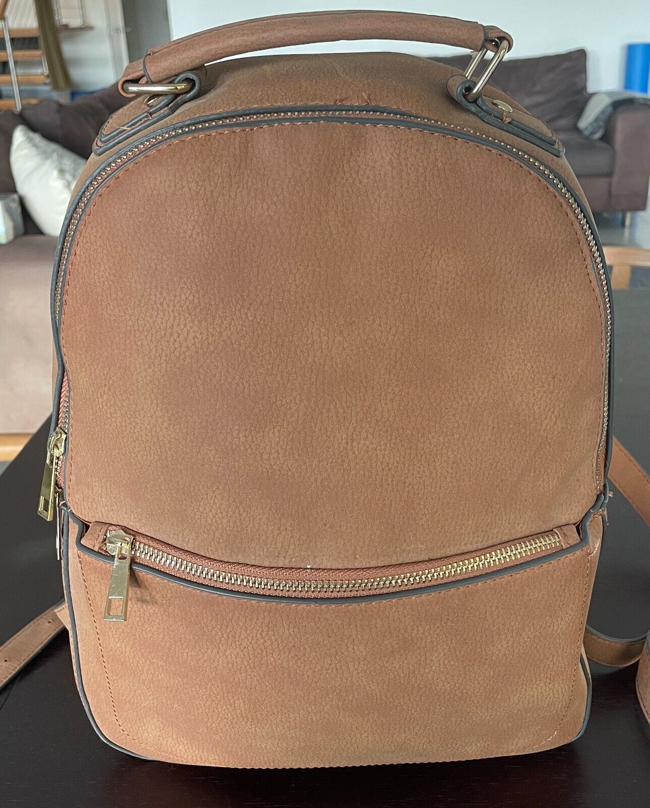 BACKPACK Tan Polyurethane Matte Pebble Look Adjustable Straps Top Handle