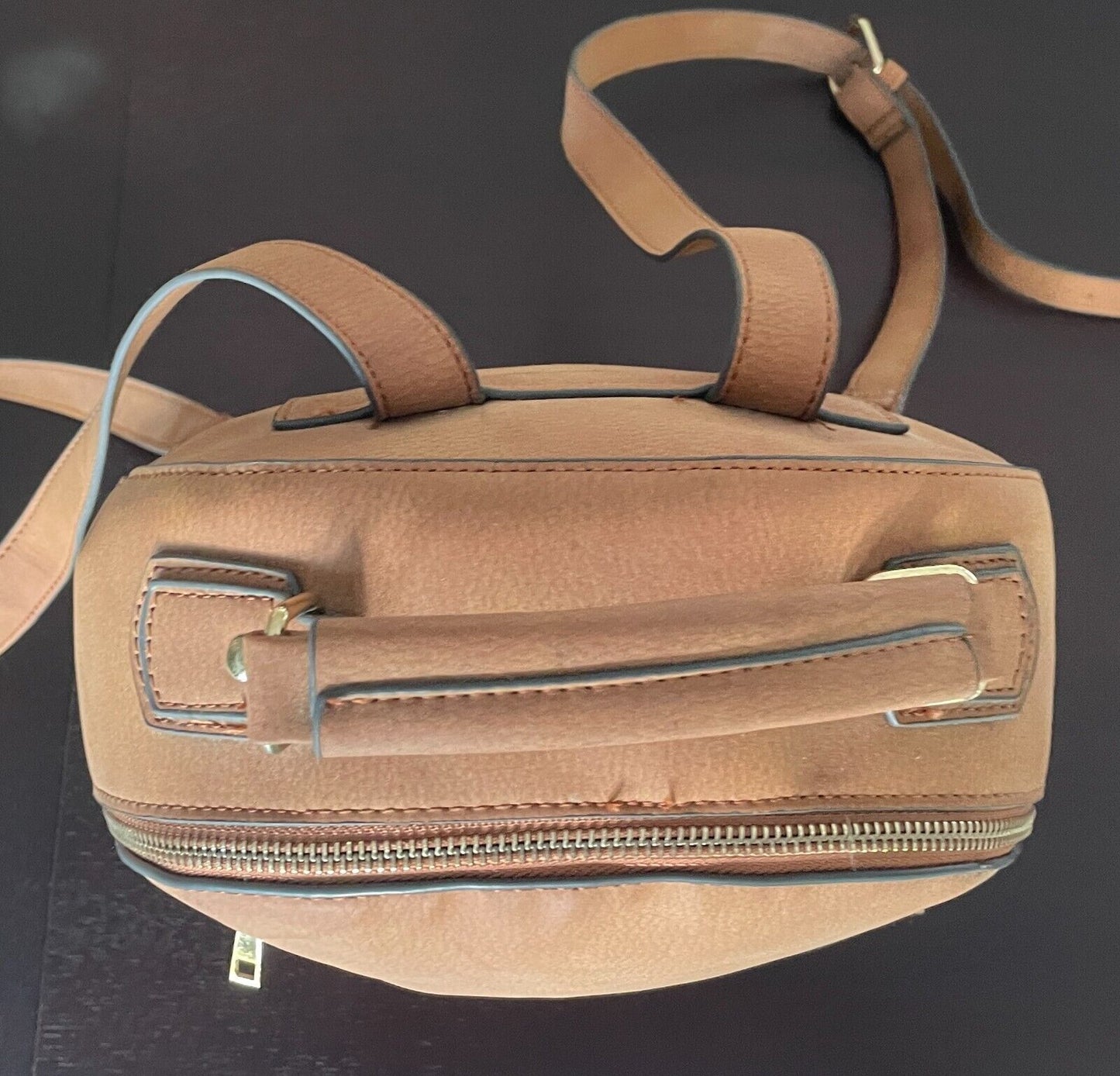 BACKPACK Tan Polyurethane Matte Pebble Look Adjustable Straps Top Handle