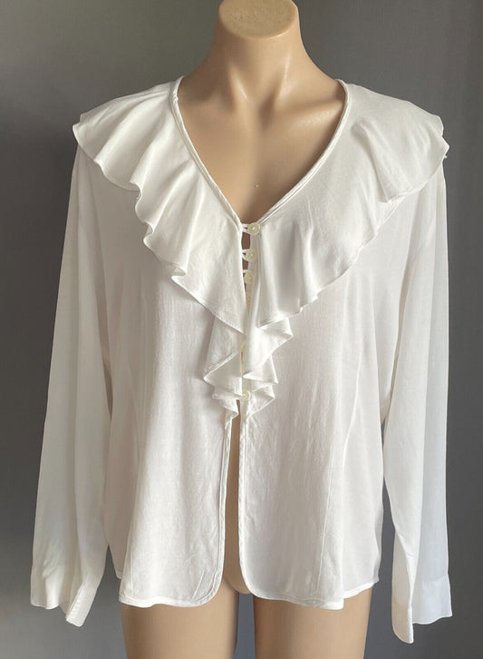 WITCHERY Top White Blouse Ruffle Trim Long Sleeve Ladies Size 14