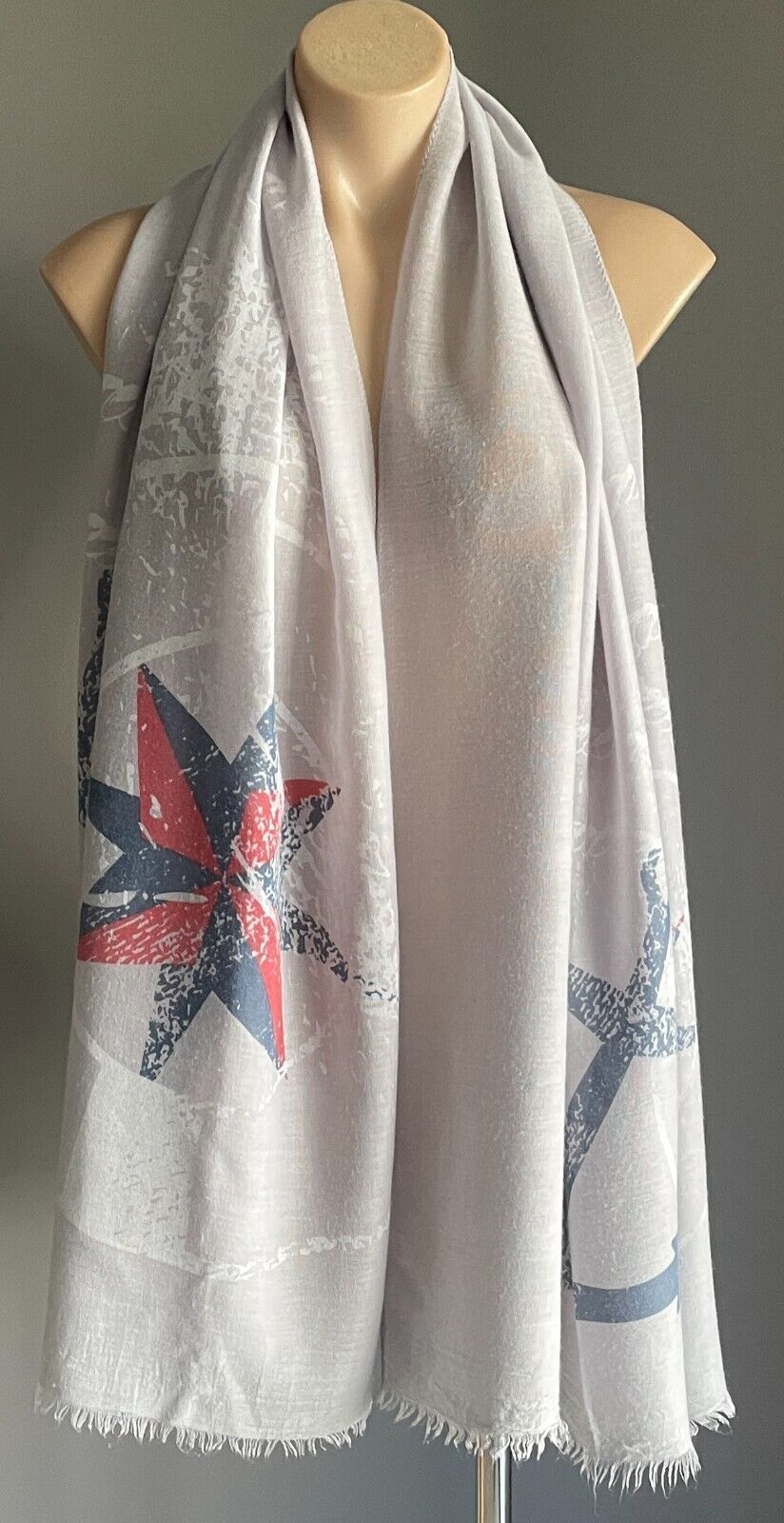 Neck Scarf Fringed Wrap Light Grey Nautical Theme Print Rectangle Shawl