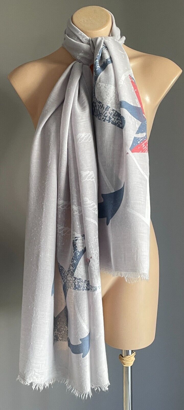 Neck Scarf Fringed Wrap Light Grey Nautical Theme Print Rectangle Shawl